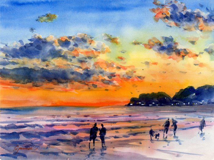 水彩画原画 夕焼けの由比ヶ浜・鎌倉 ＃547 | syoumei ｜インテリア絵画