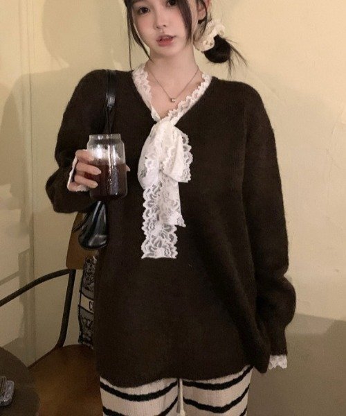 セール】2種類選ぶ 異素材ドッキング vネックレースリボンニット